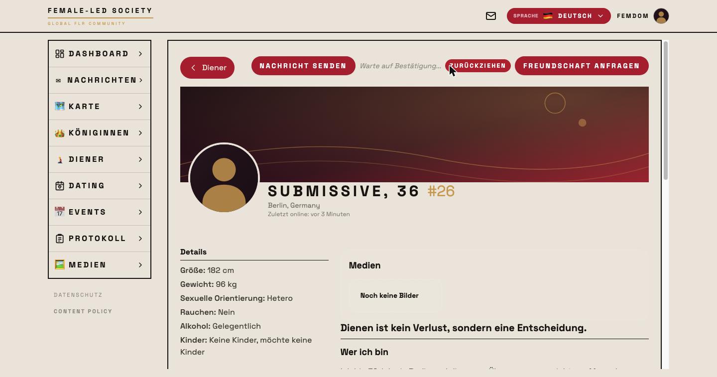 Anfrage gesendet, Profil des Dieners aus Sicht der Königin